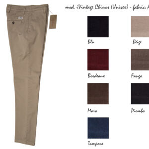 Mid Waist
Slim -
Fondo gamba (tag. 48) cm. 17 -
Disponibilità taglie 44 - 64 (EU Size) -
98% cotone 2% elastan mod. iVintage Chinos (Unisex) - fabric: Angels